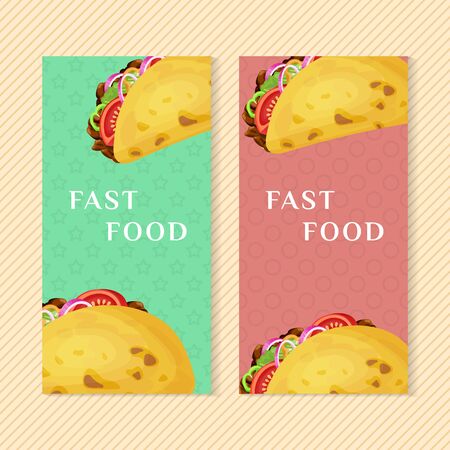 Fast food banners with taco. Graphic design elements for menu packaging, advertising, poster, brochure and background. Vector illustration for bistro, snackbar, cafe or restaurantのイラスト素材