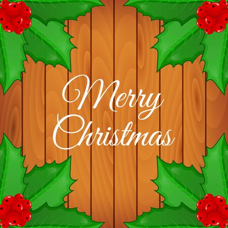Merry Christmas greeting card with cute cartoon leaves and berries of Holly on a wooden background. Christmas template. Merry Christmas postcard. Vector illustrationのイラスト素材