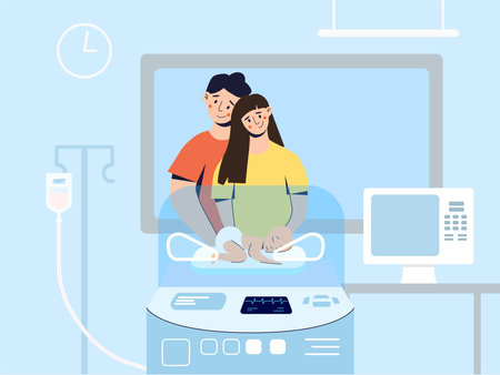 Happy Parents with their Newborn Premature Baby. Mom and Dad Look on Premature newborn baby in the hospital incubator. vector illustrationのイラスト素材