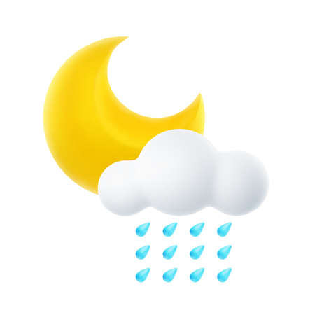 3D Cartoon Weather Icon of Night Downpour. Sign of Cloud, Crescent Moon and Rain Isolated on White Background. Vector Illustration of 3d Render.のイラスト素材