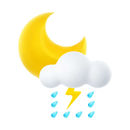 3D Cartoon Weather Icon of Night Downpour and Thunderstorm. Sign of Cloud, Crescent Moon, Rain and Lightning Isolated on White Background. Vector Illustration of 3d Render.のイラスト素材