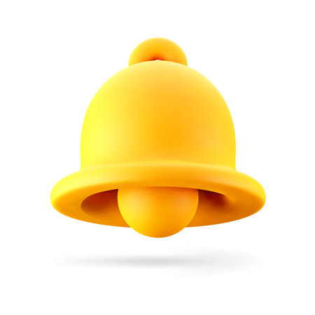 3D Cartoon Bell in Yellow Color Isolated on White Background. Icon of Message Notification and Information. Sign of Reminder for app. Vector Illustration of 3d Render in minimal style.のイラスト素材