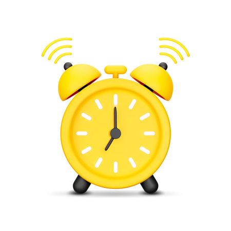 3D Cartoon Ringing Alarm Clock in Yellow Color Isolated on White Background. Concept of Morning, Time to Wake Up or Deadline. Time is up Icon for app. Vector Illustration of 3d Render.のイラスト素材