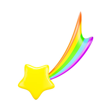 Cute Rainbow Cartoon Shooting Star. Yellow Star with Star Trail or Comet Tail Isolated on White Background. Vector Illustration of 3D Render.のイラスト素材