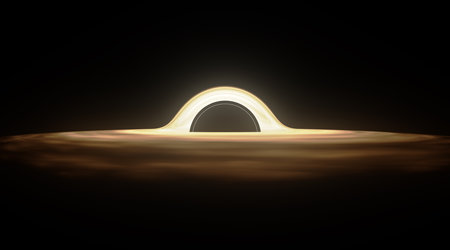 Supermassive Black Hole in Outer Space Surrounded by Accretion Disk of Glowing Plasma and gas. Event horizon and matter in the form of dust, gas, clouds around a black hole. 3d illustration.の写真素材