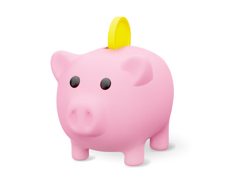 Cute Pink 3d Cartoon Piggy Bank with Yellow Coin Isolated on White Background. Concept of Banking, Savings or Investment. Vector Illustration of 3d Render.のイラスト素材