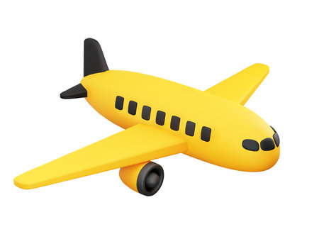 Cute 3D Cartoon Yellow and Black Airplane Isolated on White Background Side View. For Travel Advertise, Commercial Aviation or Air Transportation Concept. Vector Illustration of 3D Render.のイラスト素材