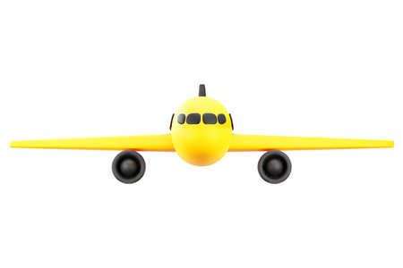 Cute 3D Cartoon Yellow and Black Airplane Isolated on White Background Front View. For Travel Advertise or Ticket Booking Service Concept. Vector Illustration of 3D Render.のイラスト素材