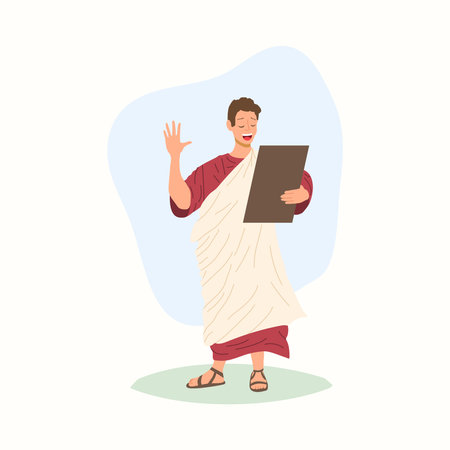 Ancient Greek Roman Town Crier Reading out City Laws and Ordinances with Raised Hand. Cartoon Character of Ancient World. Vector Illustration.のイラスト素材