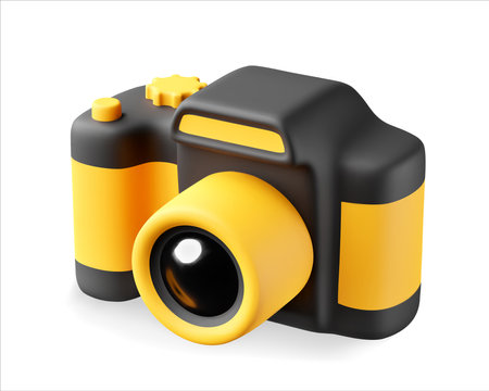 3D Cute Cartoon Digital Photo Camera in Black and Yellow Colors Isolated on White Background. Design Element for Photo or Video blog, SMM or Promotion Concepts. Vector Illustration of 3D Render.のイラスト素材