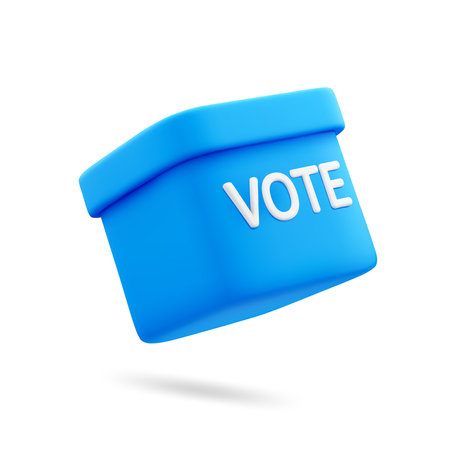 3D Cartoon Vote Box in Blue Color Isolated on White Background. Ballot Box for Election Campaign. Vector Illustration of Render 3D Icon.のイラスト素材