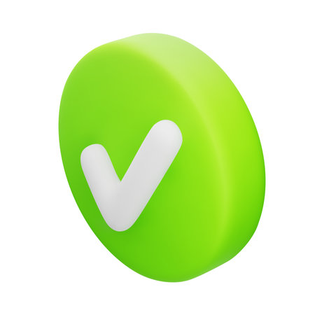 Cute 3d green round check mark button isolated on white background. Icon for done or approved concepts. Tick symbol. Vector illustration of 3d render.のイラスト素材