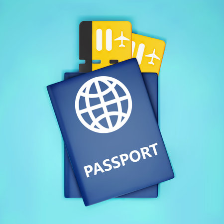 3d cartoon tickets for airplane and passports on turquoise background. Design element for travel by plane or online ticket booking concepts. Vector illustration of 3d render.のイラスト素材