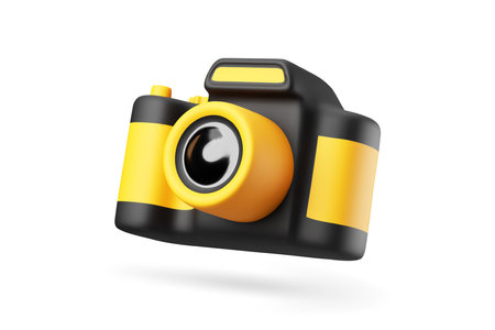 Cute 3d cartoon photo camera in bright yellow and black color isolated on white background. Design Element for digital content or photography workshops concepts. Vector illustration of 3d render.のイラスト素材
