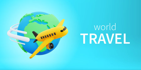 World travel concept banner. 3d cute cartoon yellow airplane with white track fly around of Earth Globe on turquoise background. Trip around the World. Vector illustration of 3d render.のイラスト素材