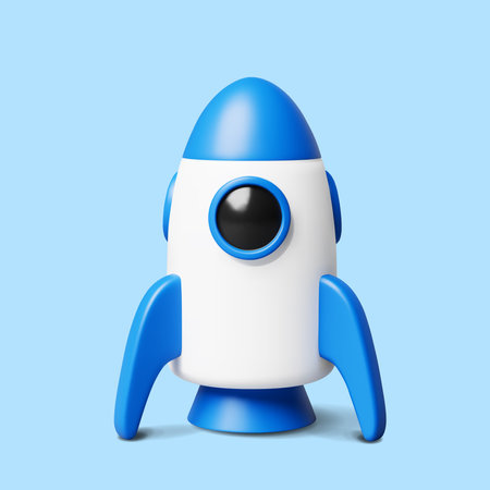Blue and white cute 3d cartoon rocket with round window and wings on light blue backdrop. For ideas of startups, innovation, technology, space travel, success, business growth. 3d vector illustration.のイラスト素材