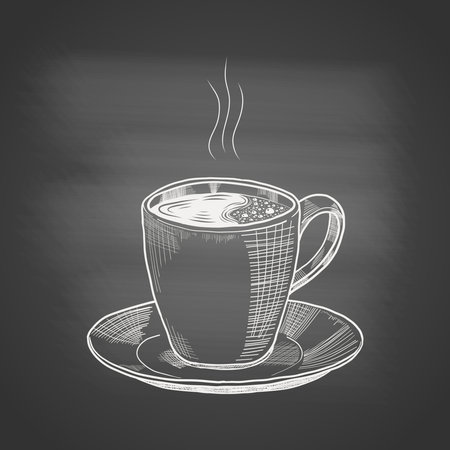 Hand-drawn chalk-style draw of steaming coffee cup on saucer set against dark chalkboard background. Concept for vintage cafe menu, coffee shop branding, posters, packaging. Vector illustration.のイラスト素材