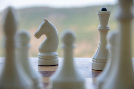 White chess pieces on a chessboard. Game of chess. Beautiful chess figures - photos, picturesの写真素材
