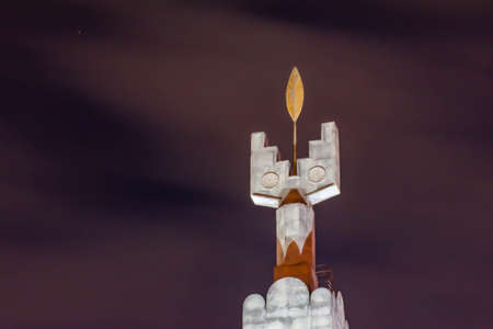A huge monument shines in the night city. Victory Park in Yerevanの写真素材