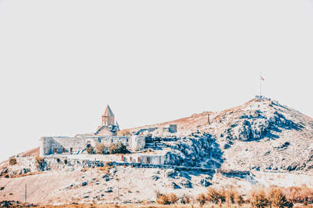 Church at the top of the mountain. Monastery complex Khor Virapの写真素材
