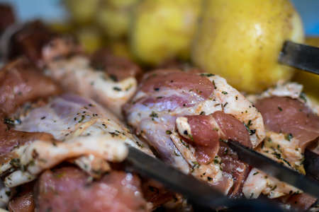 Pork and potatoes barbecue. Pork shashlik. Delicious food from the chefの写真素材