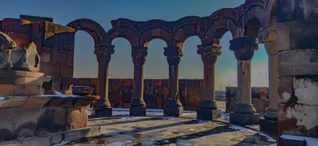 Ruins of an old monastery. Columns of the church. Temple ruins. Old architecture with nice patterns