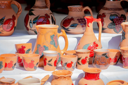 Decanter and mugs with different styles and patterns
