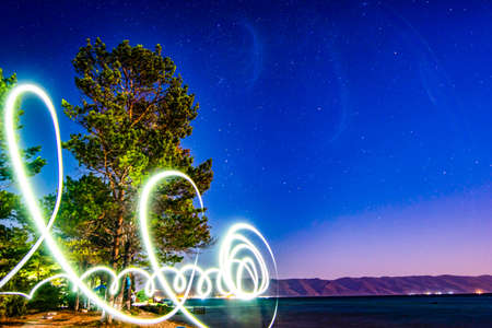 Freezlight photos style. Beautiful night landscape - a tree on the seashore, golden sand of the sea...