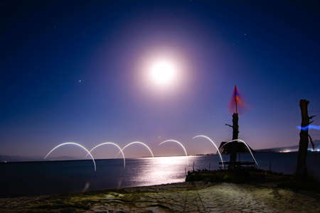 Freezlight photos style. Beautiful night landscape - a tree on the seashore, golden sand of the sea...