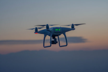 Flying drone in the sky. Quadcopter flyingの写真素材
