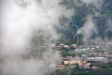 City in the fog. City of Goris from a bird's eye view