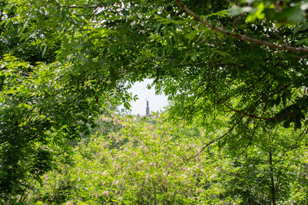 Monument in the forest. Monument to Mother Armenia and beautiful forest landscapeの写真素材