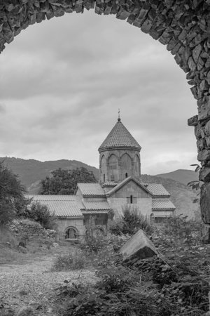 Old orthodox church in the mountains. black and white photo. monochrome.