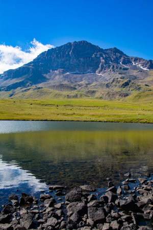 Mountain landscape with lake and blue sky, Kyrgyzstanの写真素材