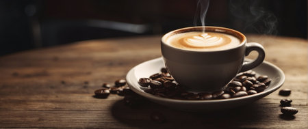 Coffee cup with latte art on wooden table in coffee shopの素材