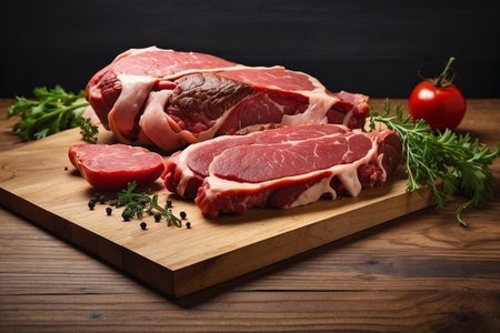 Raw pork chops on cutting board with herbs and spices on wooden backgroundの素材