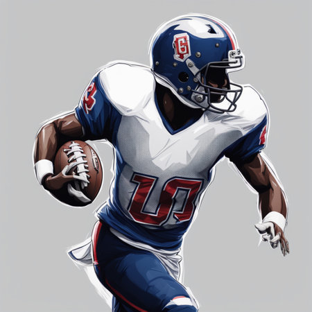 American football player in action, isolated on gray background. 3D rendering.の素材