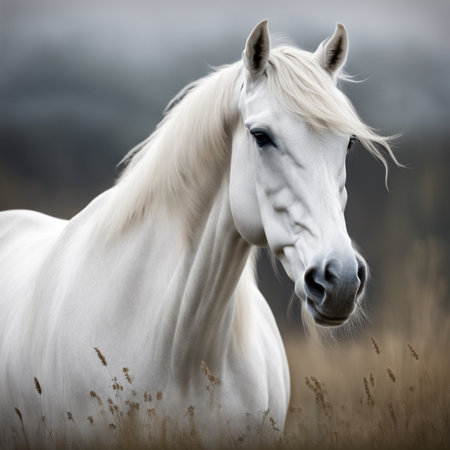 Portrait of a beautiful white horse with long mane in the fieldの素材