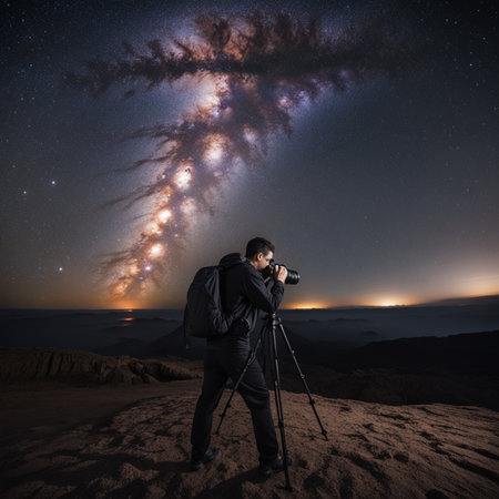 Photographer with camera taking picture of milky way and starry skyの素材