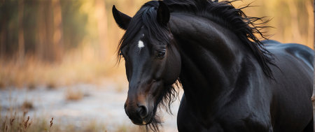 Black horse portrait in the autumn forest. Beautiful black stallion.の素材