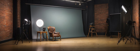 Interior of a modern photo studio with professional equipment and lighting equipmentの素材