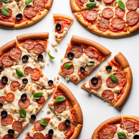 Pizza with pepperoni, olives and basil on white backgroundの素材