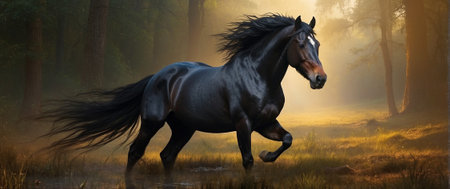 Beautiful black stallion galloping in the misty forest.の素材