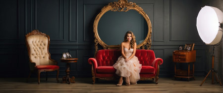 Beautiful young woman in a luxurious evening dress sitting on a red sofa and looking at the mirrorの素材