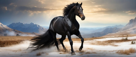 Black stallion galloping in the desert. 3d render illustrationの素材