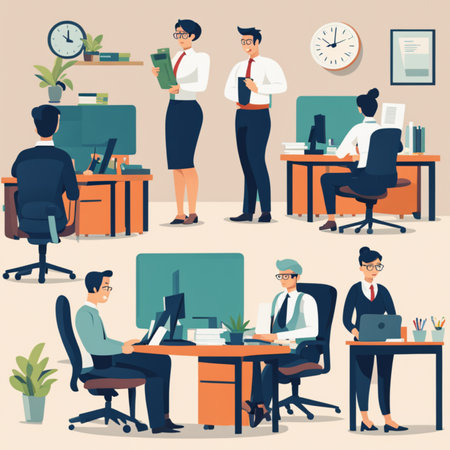 Business people working in office vector illustration. Businessman and businesswoman sitting at desk and communicating with each other. Teamwork conceptの素材