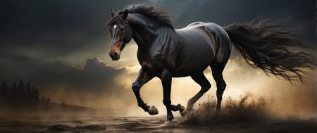 Beautiful black stallion with long mane galloping in dustの素材