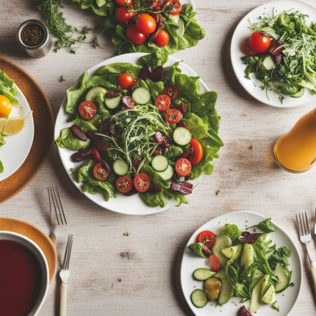 Healthy salad with tomatoes, cucumbers and arugula, top viewの素材