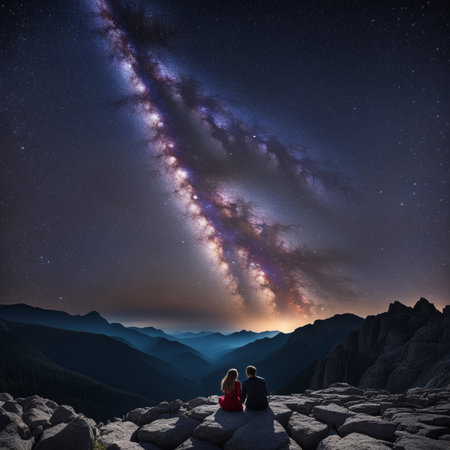 Couple sitting on top of a mountain and watching the milky wayの素材