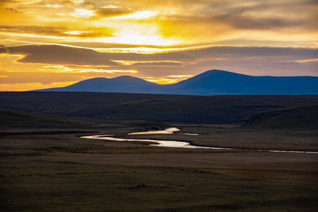 Sunset in the steppe. Kazakhstan. Tien Shan. Assy plateau